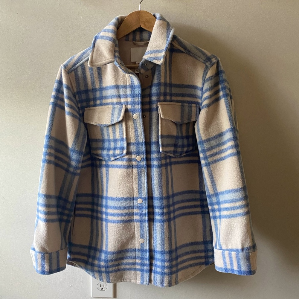 Oversized Winter Coat, Blue/Cream Plaid
